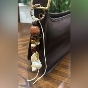 LuckyLu Upcycled Bag Charm Leather Shell Beaded Brown Gold Cream